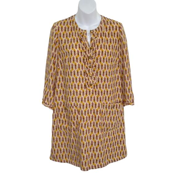 H&M Womens Dress Size 8 Short Shift Mustard Abstract 3/4 Sleeve Ruffle Pockets - Picture 2 of 14